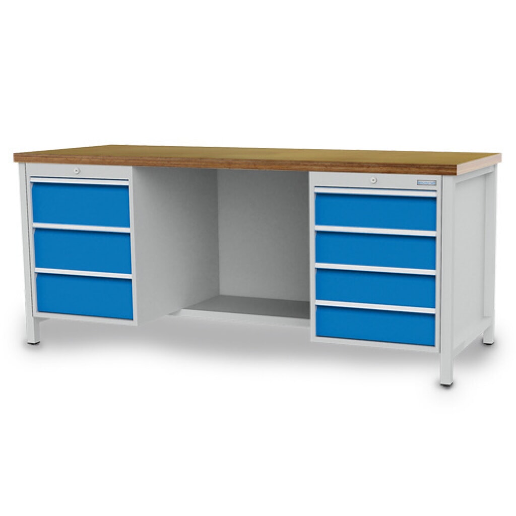 Produktabbildung: Bedrunka+Hirth Werkbank R 18-24, HxBxT 959 x 2.000 x 750 mm, lichtgrau, lichtblau, 7 Schubladen 4x150 + 3x200 mm