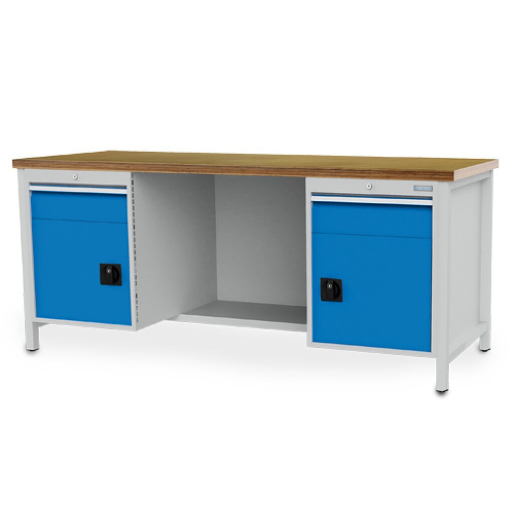 Bedrunka+Hirth Werkbank R 18-24, HxBxT 959 x 2.000 x 750 mm, lichtgrau, lichtblau, 2 Schubladen 2x150 mm, 2 Flügeltüren 2x450 mm Produktabbildung: Bedrunka+Hirth Werkbank R 18-24, HxBxT 959 x 2.000 x 750 mm, lichtgrau, lichtblau, 2 Schubladen 2x150 mm, 2 Flügeltüren 2x450 mm