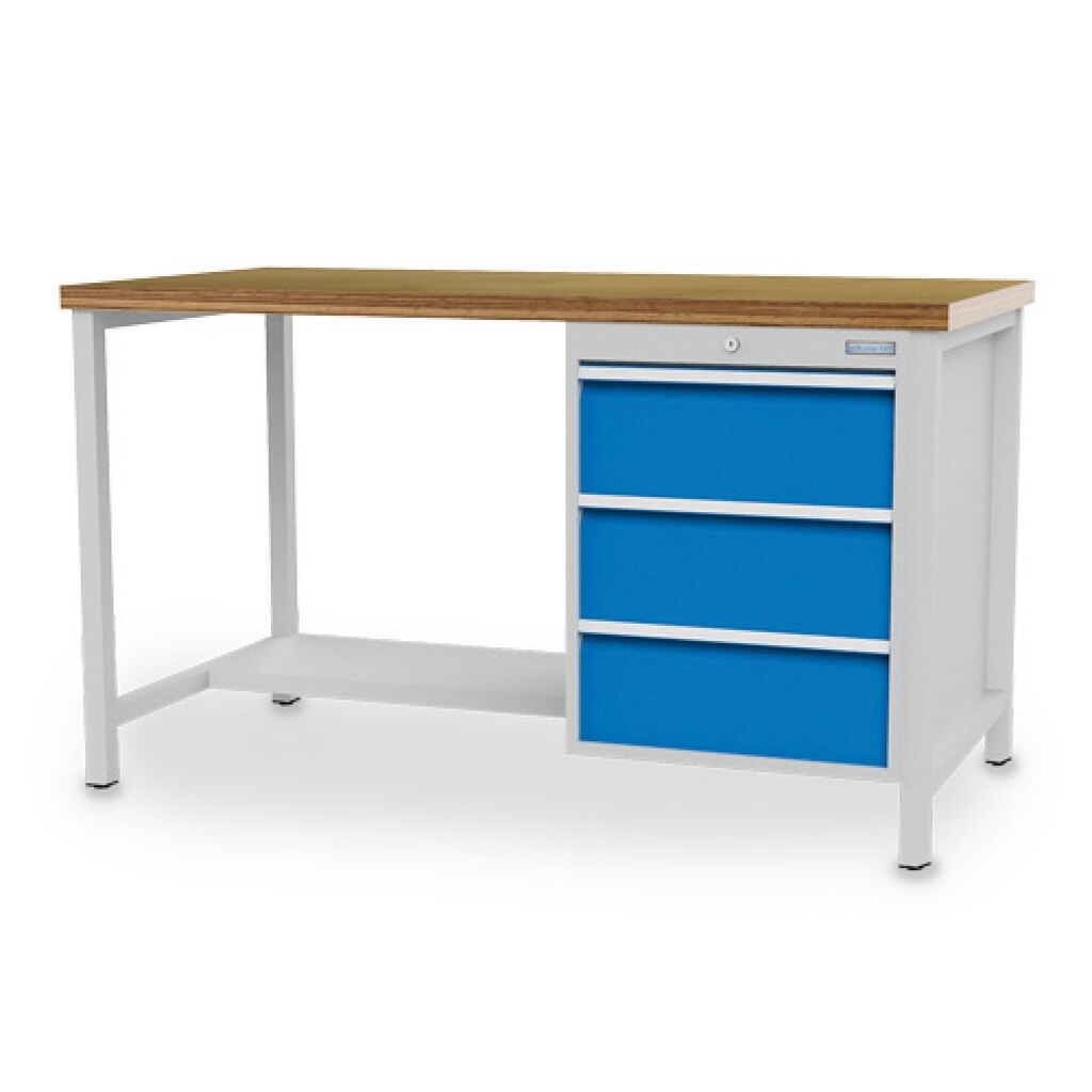 Produktabbildung: Bedrunka+Hirth Kastenwerkbank R 18-24, HxBxT 959 x 1.500 x 750 mm, lichtgrau, lichtblau, 3 Schubladen 3x200 mm