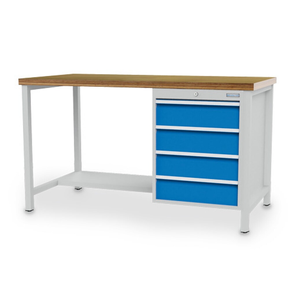 Produktabbildung: Bedrunka+Hirth Werkbank R 18-24, HxBxT 859 x 2.000 x 750 mm, lichtgrau, lichtblau, 4 Schubladen 4x150 mm