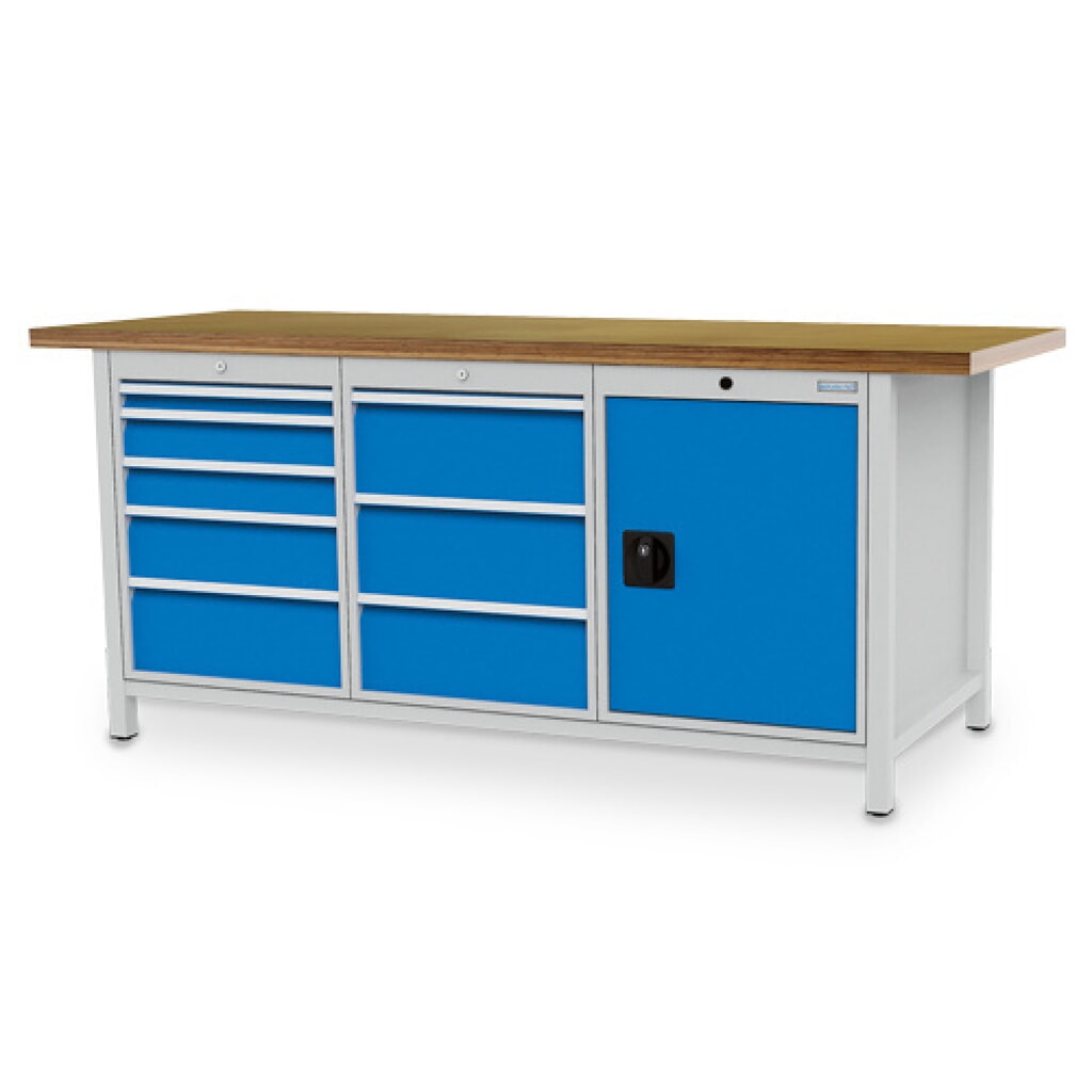 Produktabbildung: Bedrunka+Hirth Werkbank R 18-24, HxBxT 959 x 2.000 x 750 mm, lichtgrau, lichtblau, 8 Schubladen 1x50 + 2x100 + 1x150 + 4x200 mm, 1 Flügeltür 1x600 mm