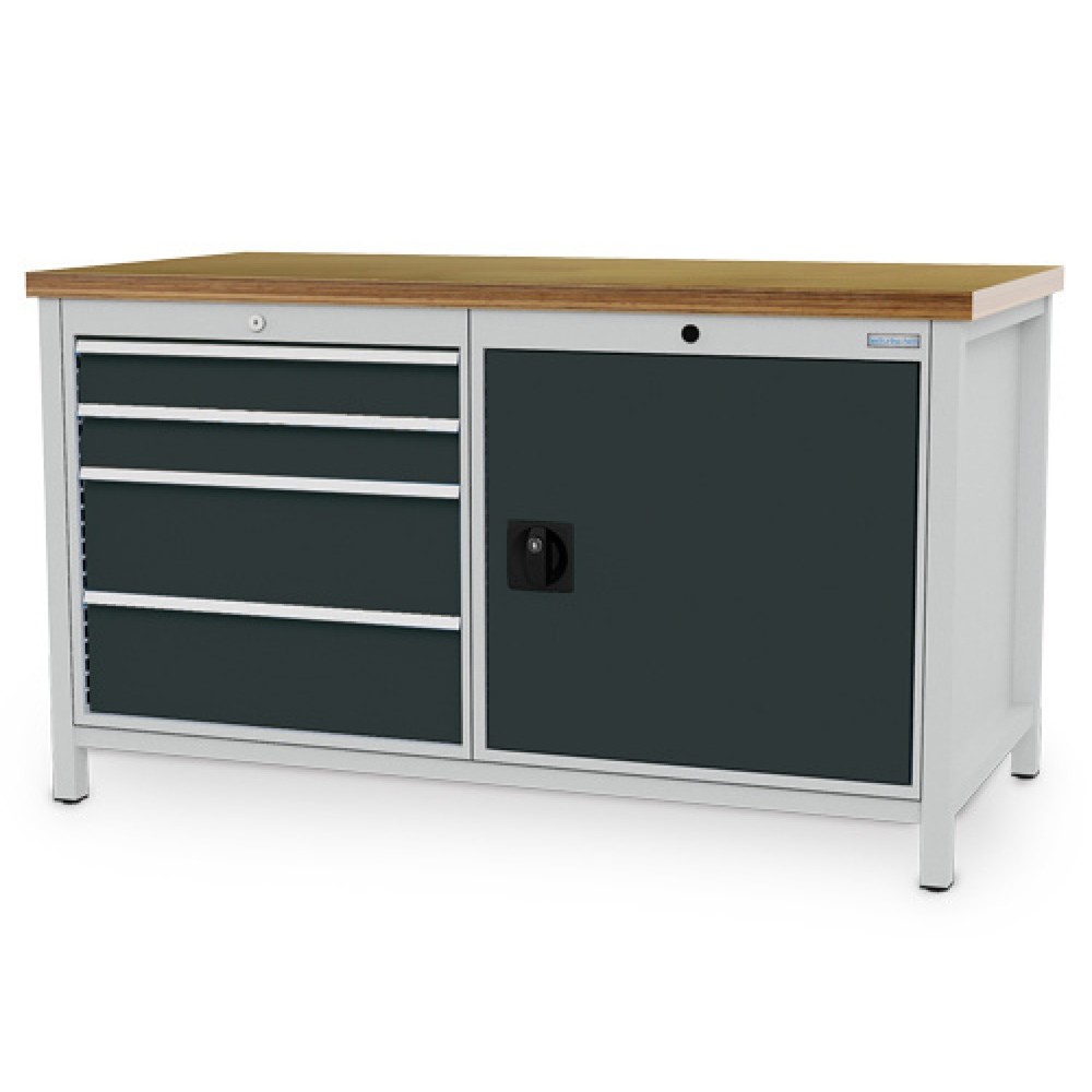 Produktabbildung Nr. 1: Bedrunka+Hirth Werkbank R 24-24, HxBxT 859 x 1.500 x 750 mm, lichtgrau, anthrazitgrau, 4 Schubladen 4x200 mm, 1 Flügeltür 1x600 mm
