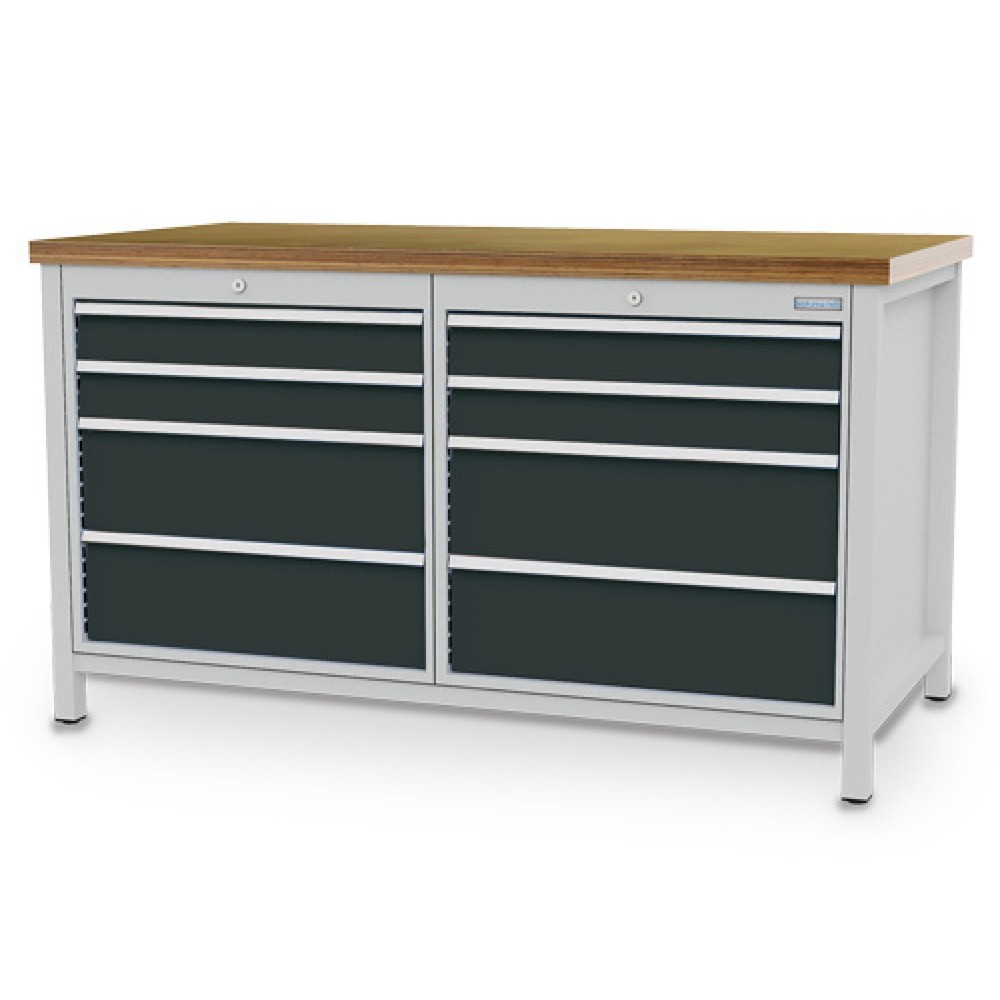 Produktabbildung: Bedrunka+Hirth Werkbank R 24-24, HxBxT 859 x 1.500 x 750 mm, lichtgrau, anthrazitgrau, 8 Schubladen 4x100 + 4x200 mm