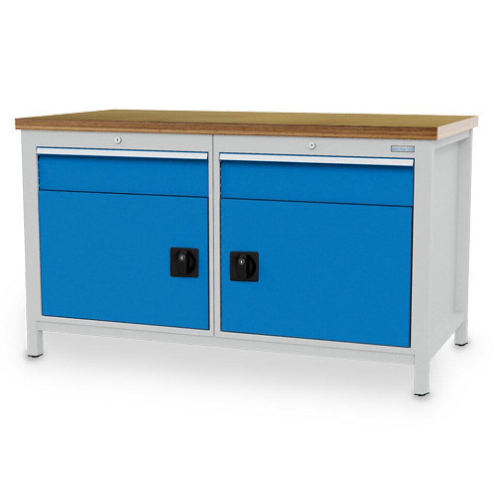 Bedrunka+Hirth Werkbank R 24-24, HxBxT 859 x 1.500 x 750 mm, lichtgrau, lichtblau, 2 Schubladen 2x150 mm, 2 Flügeltüren 2x450 mm Produktabbildung: Bedrunka+Hirth Werkbank R 24-24, HxBxT 859 x 1.500 x 750 mm, lichtgrau, lichtblau, 2 Schubladen 2x150 mm, 2 Flügeltüren 2x450 mm