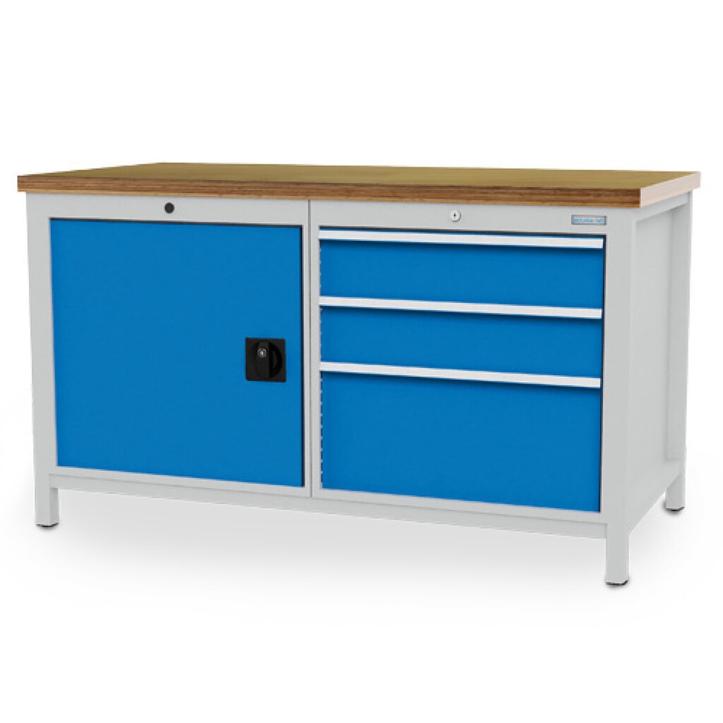 Bedrunka+Hirth Werkbank R 24-24, HxBxT 959 x 1.500 x 750 mm, lichtgrau, lichtblau, 3 Schubladen 2x150 mm + 1x300 mm, 1 Flügeltür 1x600 mm Produktabbildung: Bedrunka+Hirth Werkbank R 24-24, HxBxT 959 x 1.500 x 750 mm, lichtgrau, lichtblau, 3 Schubladen 2x150 mm + 1x300 mm, 1 Flügeltür 1x600 mm