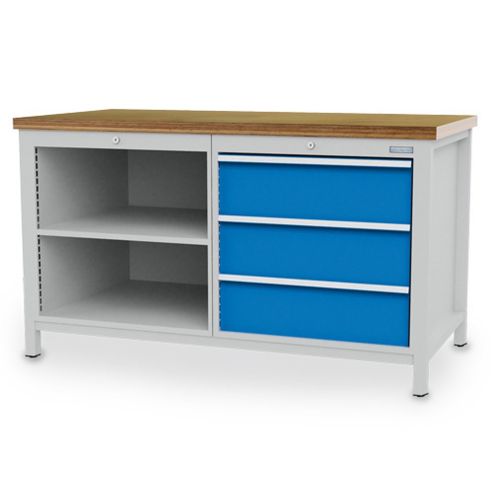 Produktabbildung: Bedrunka+Hirth Werkbank R 24-24, HxBxT 959 x 1.500 x 750 mm, lichtgrau, lichtblau, 3 Schubladen 3x200 mm