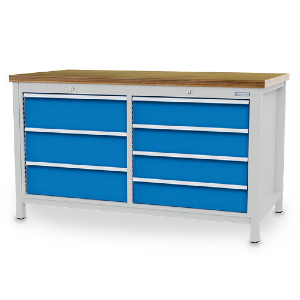 Produktabbildung: Bedrunka+Hirth Werkbank R 24-24, HxBxT 959 x 1.500 x 750 mm, lichtgrau, lichtblau, 7 Schubladen 4x150 + 3x200 mm
