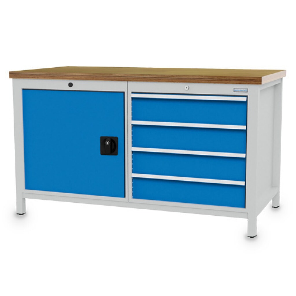 Bedrunka+Hirth Werkbank R 24-24, HxBxT 959 x 1.500 x 750 mm, lichtgrau, lichtblau, 4 Schubladen 4x150 mm, 1 Flügeltür 1x600 mm Produktabbildung: Bedrunka+Hirth Werkbank R 24-24, HxBxT 959 x 1.500 x 750 mm, lichtgrau, lichtblau, 4 Schubladen 4x150 mm, 1 Flügeltür 1x600 mm