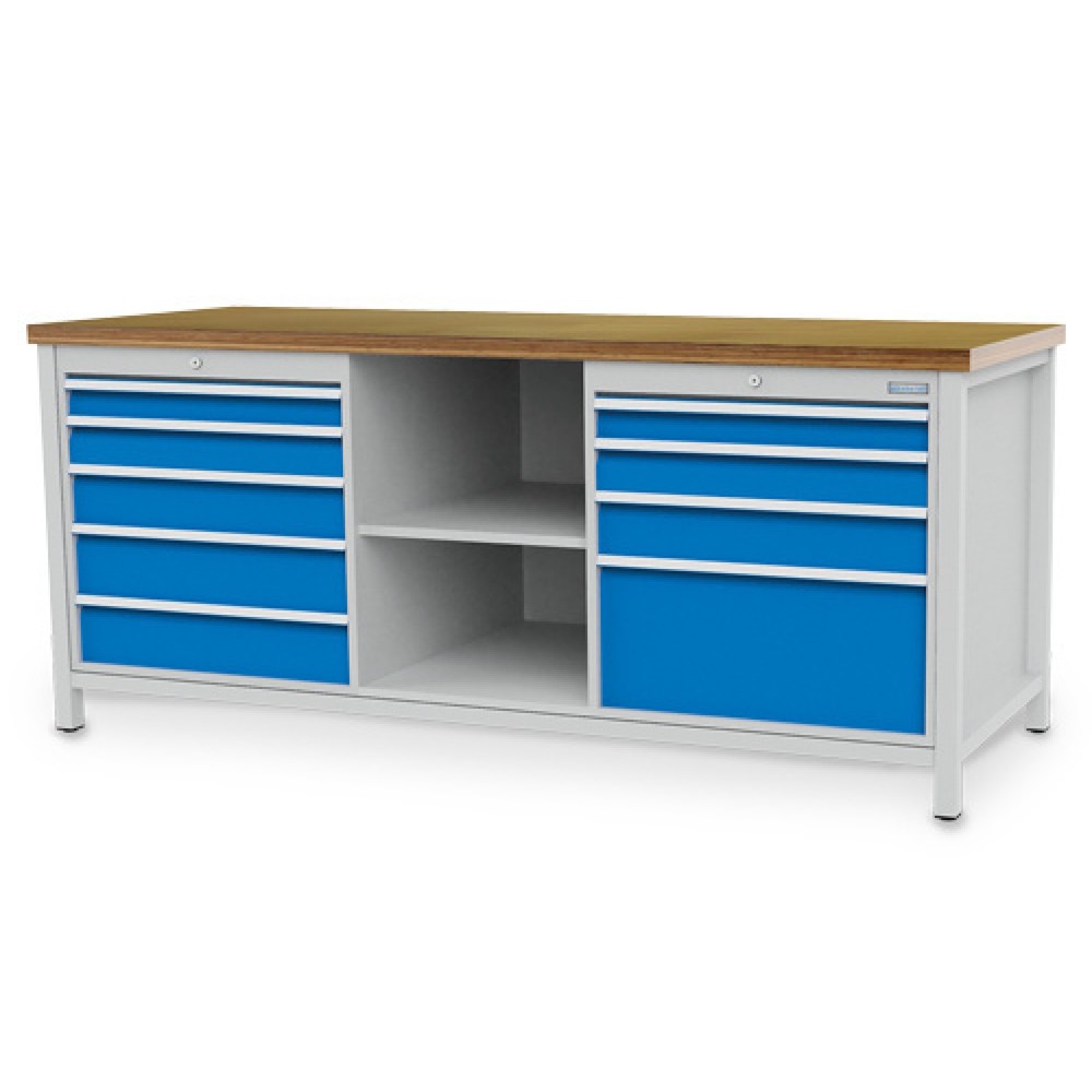 Produktabbildung: Bedrunka+Hirth Werkbank R 24-24, HxBxT 859 x 2.000 x 750 mm, lichtgrau, lichtblau, 9 Schubladen 2x75 + 2x100 2x125 + 2x150 + 1x300 mm