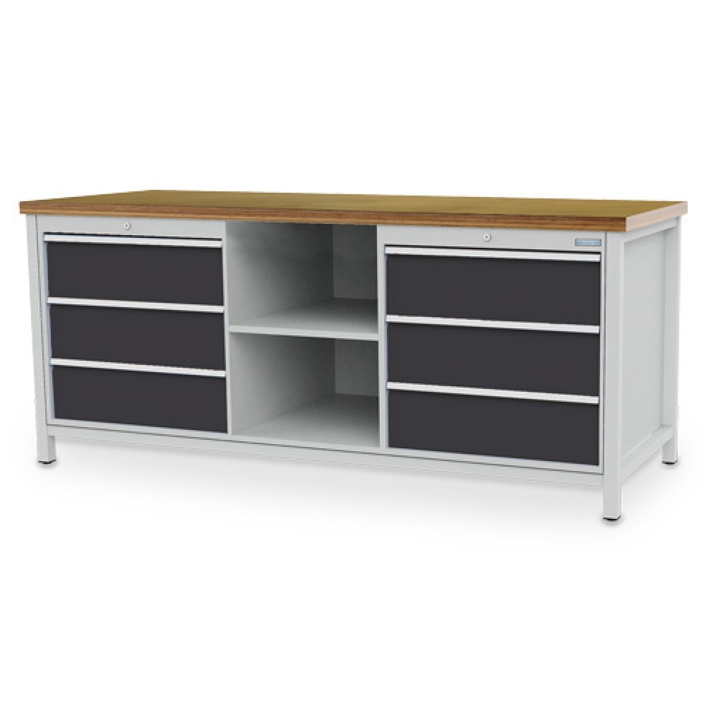 Produktabbildung: Bedrunka+Hirth Werkbank R 24-24, HxBxT 859 x 2.000 x 750 mm, lichtgrau, anthrazitgrau, 6 Schubladen 6x200 mm, 2 Fachböden