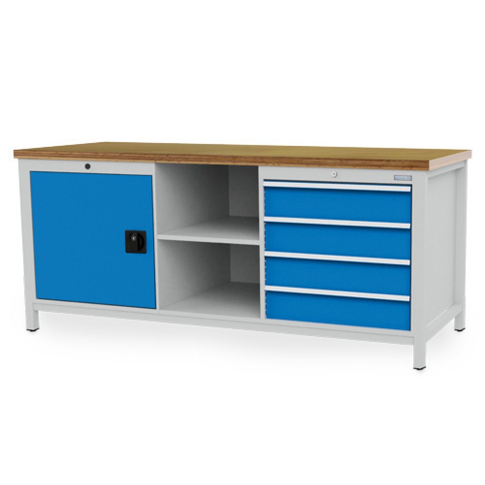 Produktabbildung: Bedrunka+Hirth Werkbank R 24-24, HxBxT 859 x 2.000 x 750 mm, lichtgrau, lichtblau, 4 Schubladen 4x150 mm, 1 Flügeltür 1x600 mm