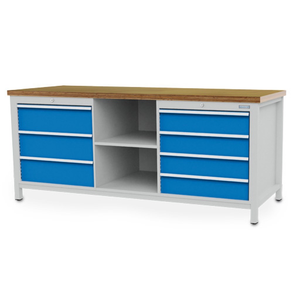 Produktabbildung: Bedrunka+Hirth Werkbank R 24-24, HxBxT 859 x 2.000 x 750 mm, lichtgrau, lichtblau, 7 Schubladen 4x150 + 3x200 mm