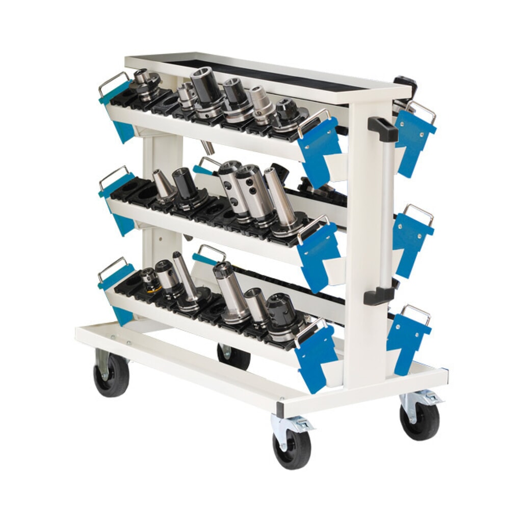 Produktabbildung: Bedrunka+Hirth Werkzeugwagen für CNC-Werkzeuge, mit 6 Werkzeugaufnahmeträgern, lichtgrau, lichtblau, HxBxT 950 x 560 x 930 mm