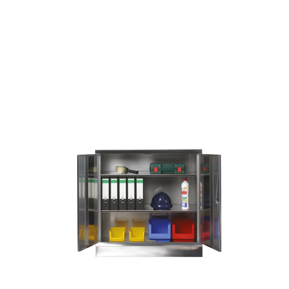 Produktabbildung: Reinsch Beistellschrank aus Edelstahl, 2-flügelig, 2 Einlegeböden, HxBxT, 1.050 x 1.000 x 400 mm, Sockel