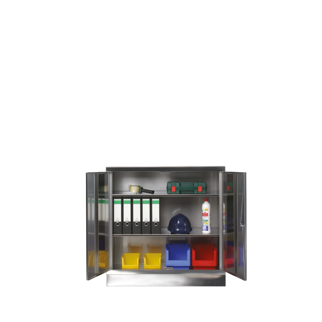Produktabbildung: Reinsch Beistellschrank aus Edelstahl, 2-flügelig, 2 Einlegeböden, HxBxT, 1.100 x 1.000 x 400 mm, Füße