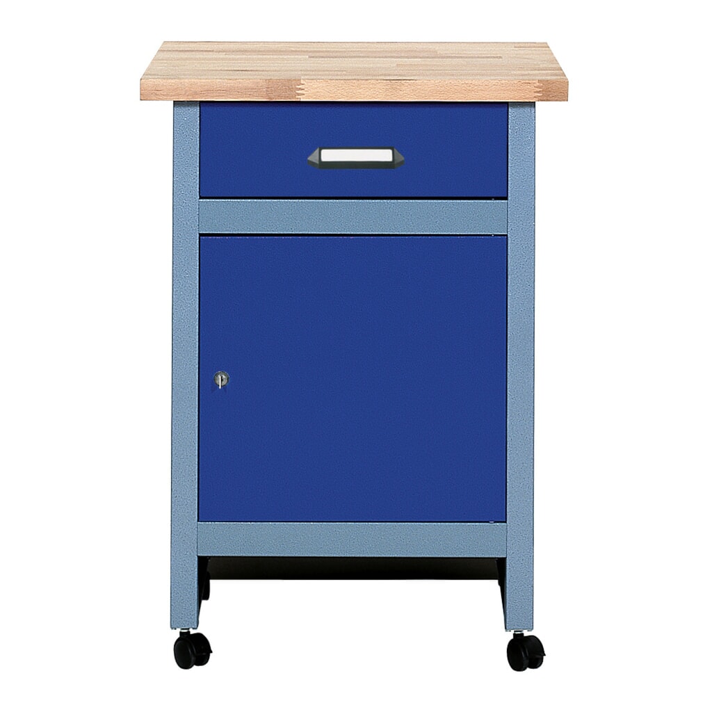 Produktabbildung: Beistelltisch für Werkbank mit 1 Schublade + 1 Tür, BxT 600 x 600 mm, blau