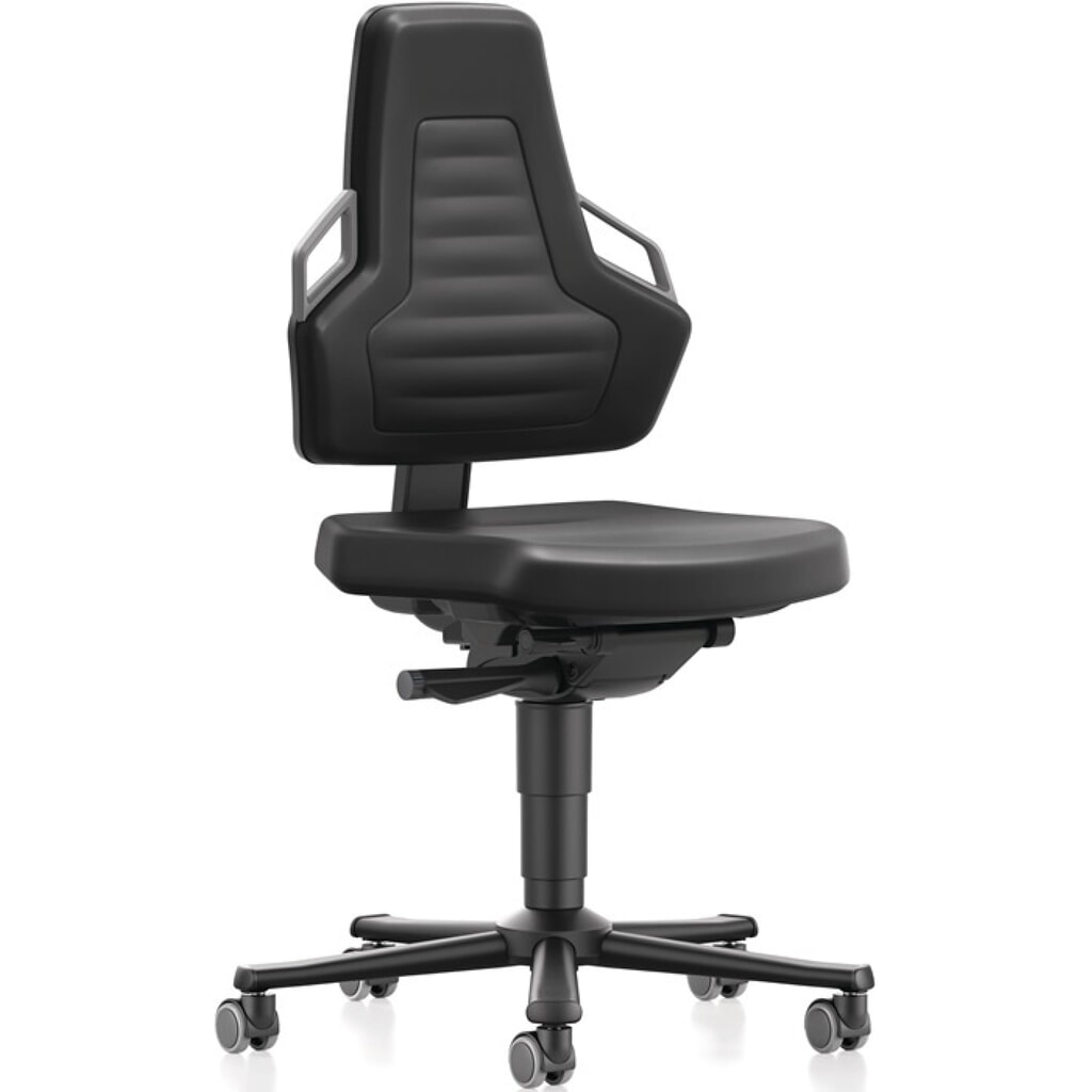 Produktabbildung: bimos Arbeitsdrehstuhl Nexxit, Kunstlederpolster schwarz, Rollen, Grifffarbe grau 450-600 mm