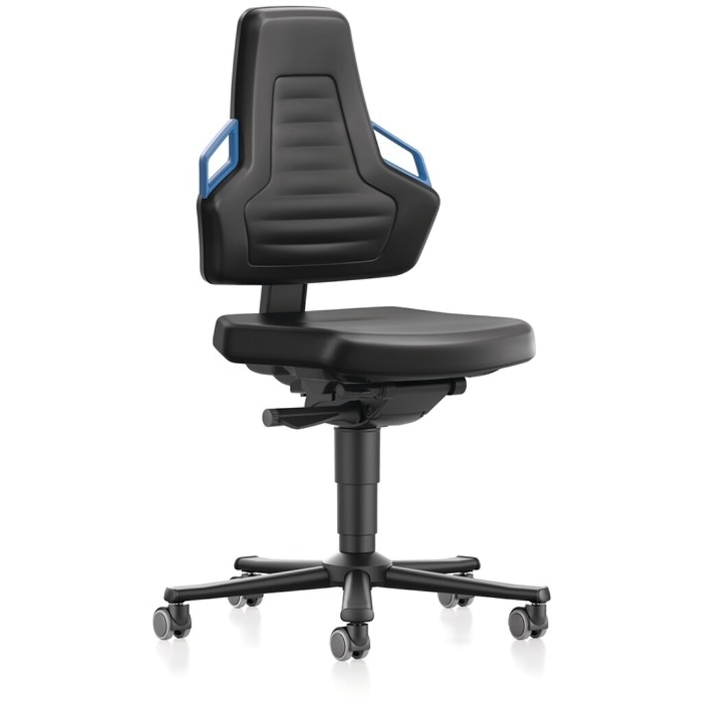 bimos Arbeitsdrehstuhl Nexxit, Kunstlederpolster schwarz, Rollen, Grifffarbe blau 450-600 mm Produktabbildung: bimos Arbeitsdrehstuhl Nexxit, Kunstlederpolster schwarz, Rollen, Grifffarbe blau 450-600 mm