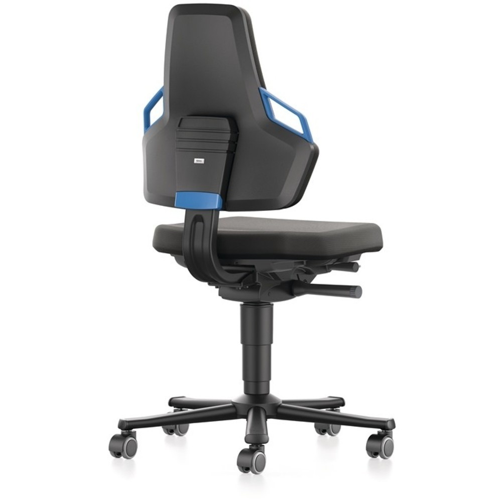 Produktabbildung: bimos Arbeitsdrehstuhl Nexxit, Supertec-Gewebe schwarz, Rollen, Grifffarbe blau 450-600 mm