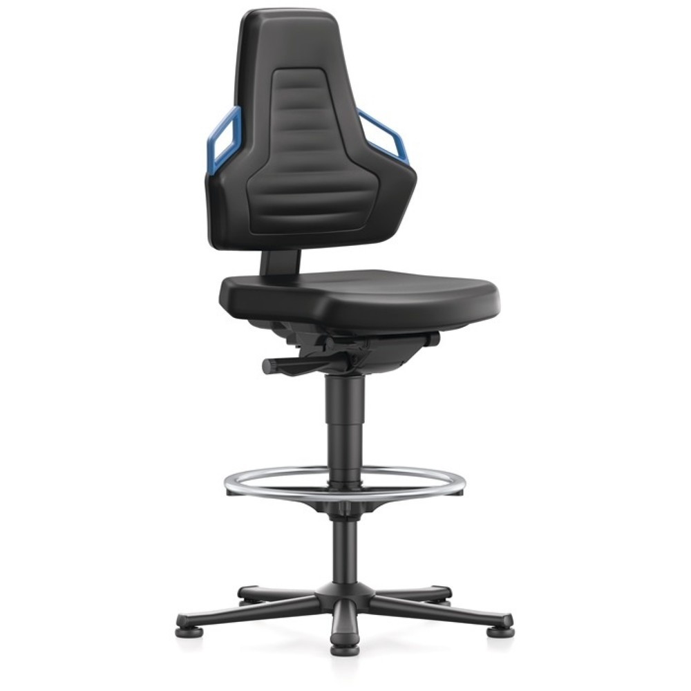 Produktabbildung: bimos Arbeitsdrehstuhl Nexxit, Kunstlederpolster schwarz, Bodengleiter + Fußring, Grifffarbe blau 570-820 mm
