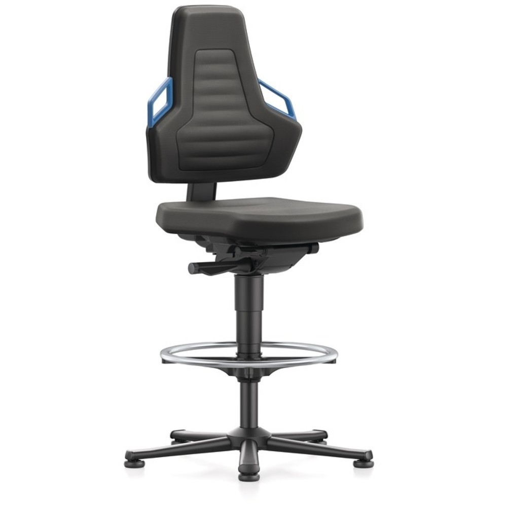 Produktabbildung: bimos Arbeitsdrehstuhl Nexxit, Supertec-Gewebe schwarz, Bodengleiter + Fußring, Grifffarbe blau 570-820 mm
