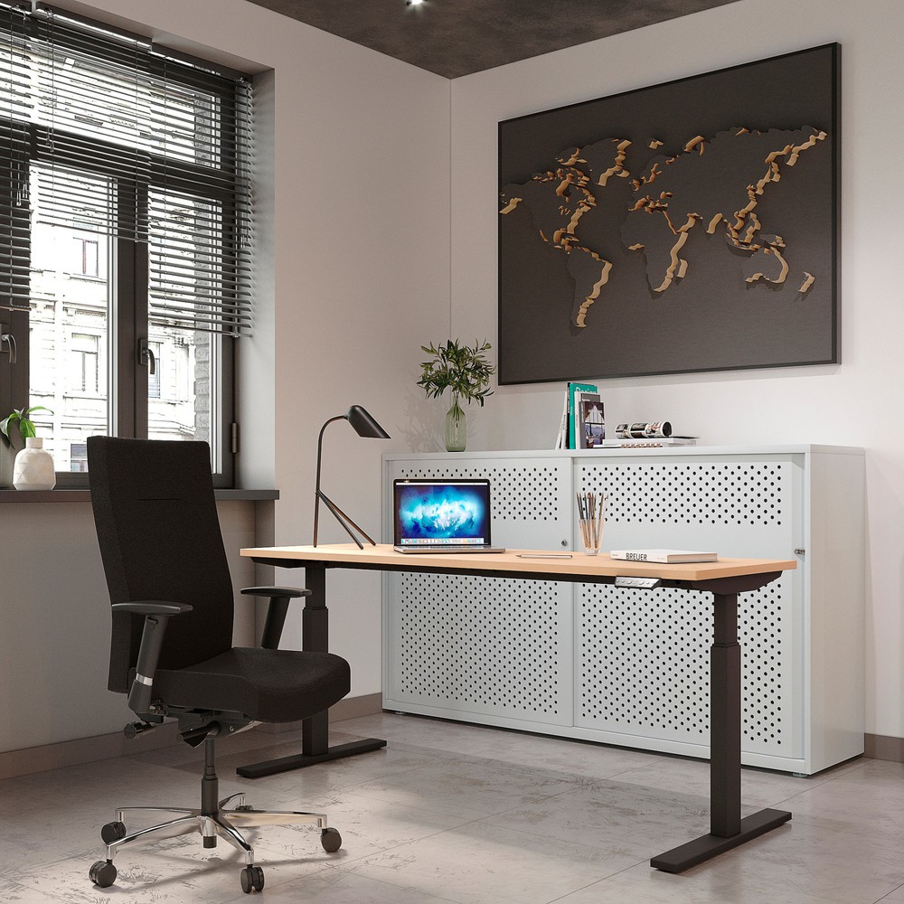 Produktabbildung Nr. 12: BISLEY Büromöbel-Set Easy Starter, elektrisch höhenverstellbarer Tisch 160 x 80 cm, weiß, Rollcontainer verkehrsweiß mit 3 Schubladen