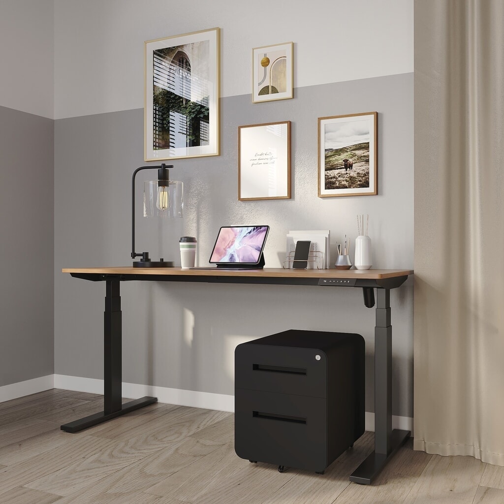 Produktabbildung: BISLEY Büromöbel-Set Easy Starter, elektrisch höhenverstellbarer Tisch 160 x 80 cm, schwarz, walnuss, Rollcontainer schwarz mit 1 Schublade + 1 Hängeregisterlade