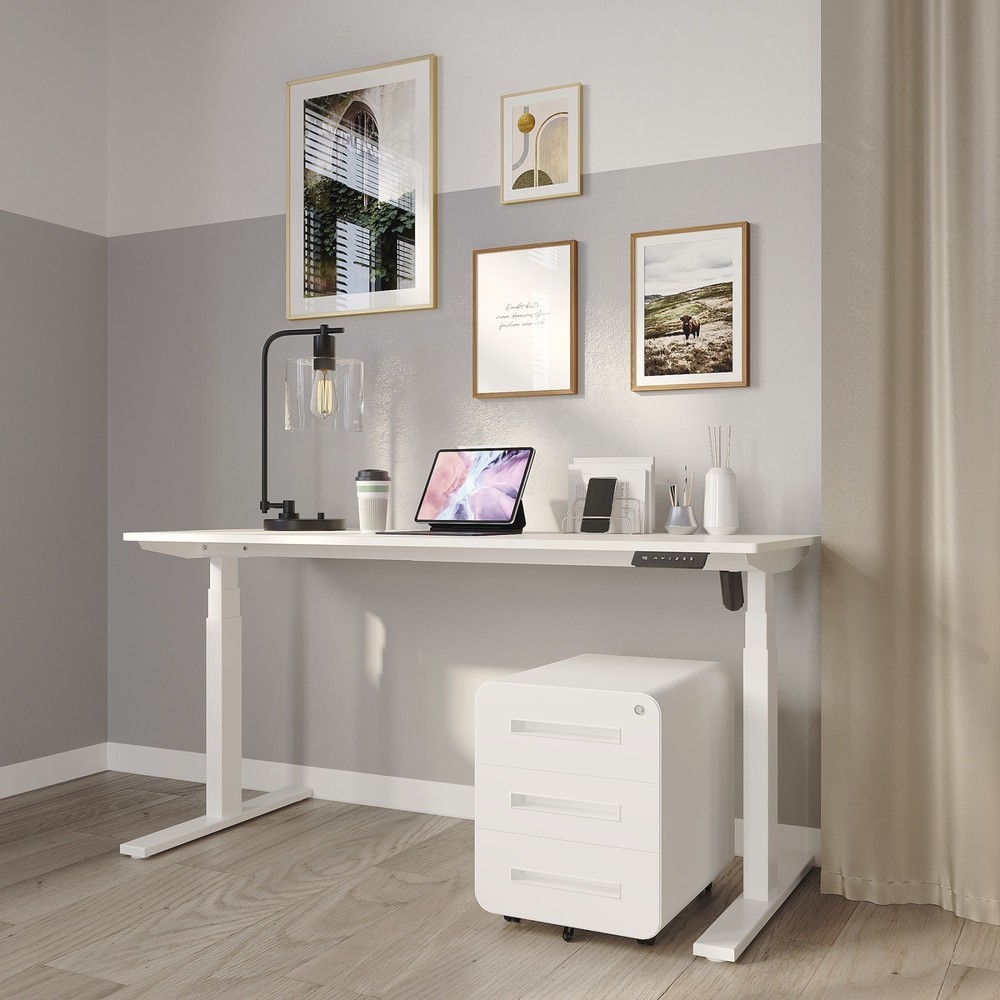 Produktabbildung Nr. 1: BISLEY Büromöbel-Set Easy Starter, elektrisch höhenverstellbarer Tisch 160 x 80 cm, weiß, Rollcontainer verkehrsweiß mit 3 Schubladen