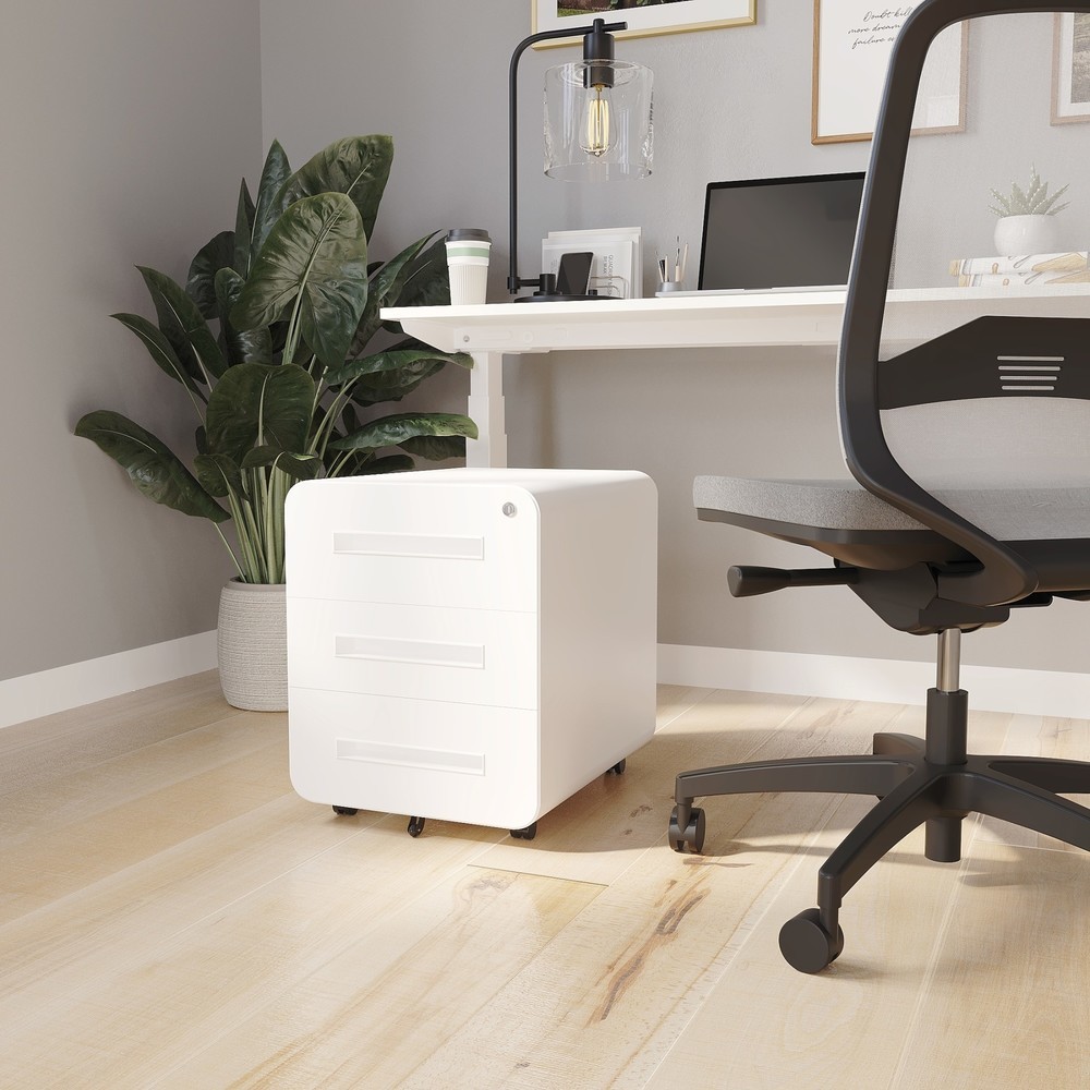 Produktabbildung Nr. 16: BISLEY Büromöbel-Set Easy Starter, elektrisch höhenverstellbarer Tisch 160 x 80 cm, weiß, Rollcontainer verkehrsweiß mit 3 Schubladen