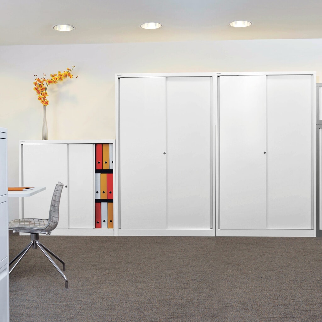 BISLEY Schiebetürschrank Premium, HxBxT 839 x 1.200 x 430 mm, lichtgrau Produktabbildung Nr. 2: BISLEY Schiebetürschrank Premium, HxBxT 839 x 1.200 x 430 mm, lichtgrau