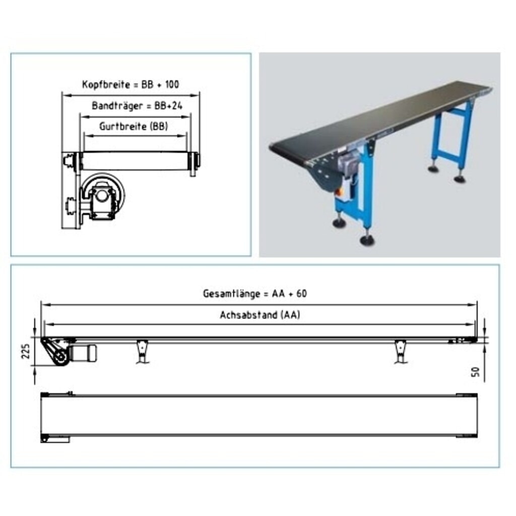 Produktabbildung Nr. 2: BLUME Gurtförderer, für Steig- oder Gefällelösungen, Tragkraft max. 15 kg/m, Gurtbreite 400 mm, Länge 2 m