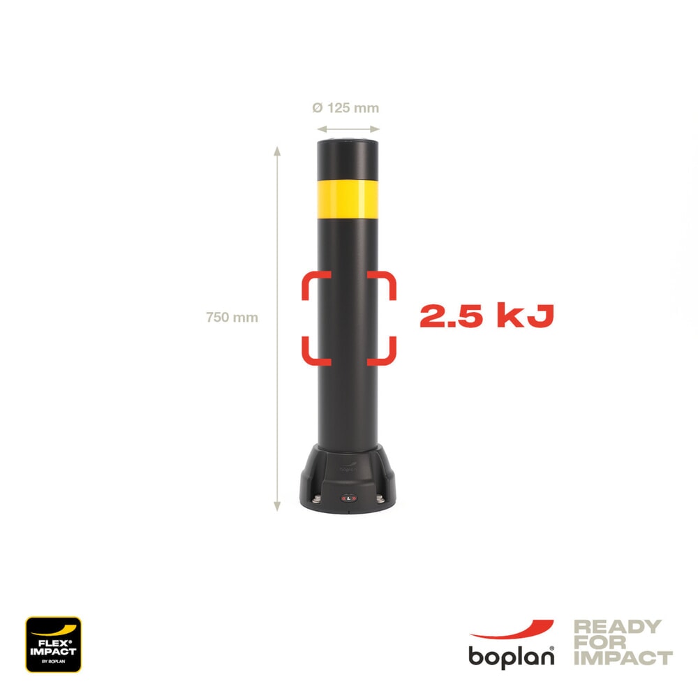 Produktabbildung Nr. 4: BOPLAN® Rammschutzpoller Flex Impact® BO125L, Innen- und Außenbereich, Höhe 750 mm, Grundplatte zinkbeschichtet, schwarz / gelb