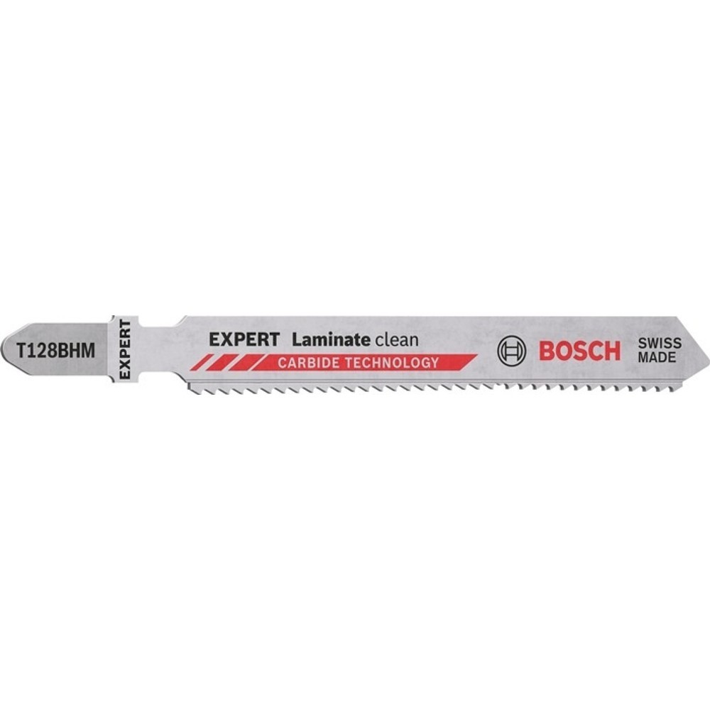 Produktabbildung: BOSCH Stichsägeblatt Laminate Clean T 128 BHM, Zahnteilung 1,8 mm, Gesamtlänge 92 mm, 3 Stück / Karte