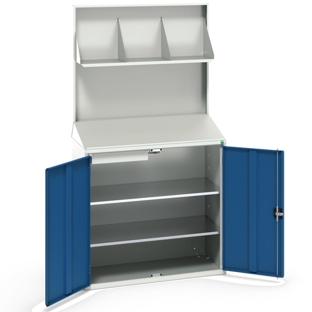 bott verso Economy Pult mit glatter Rückwand, 2 Fachböden, 1 Schublade, Ordnerablage, BxTxH: 1050 x550 x 2000 mm Produktabbildung: bott verso Economy Pult mit glatter Rückwand, 2 Fachböden, 1 Schublade, Ordnerablage, BxTxH: 1050 x550 x 2000 mm