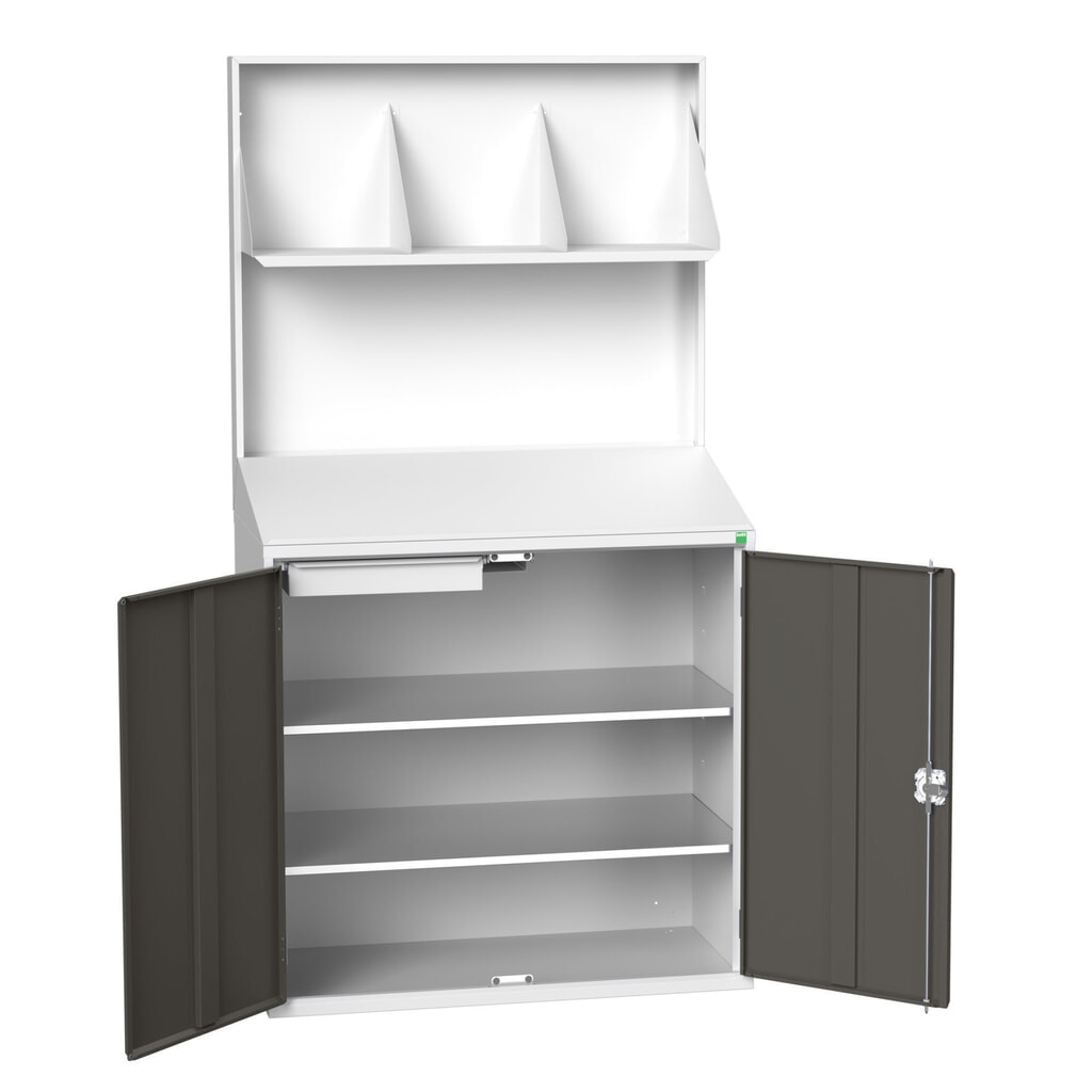 bott verso Economy Pult mit glatter Rückwand, mit Ordnerhalter, 2 Ablagen, 1 Schubl., BxTxH: 1050 x550 x 2000 mm Produktabbildung: bott verso Economy Pult mit glatter Rückwand, mit Ordnerhalter, 2 Ablagen, 1 Schubl., BxTxH: 1050 x550 x 2000 mm