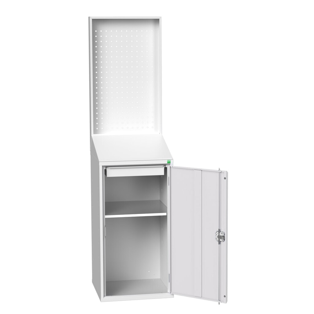 bott verso Economy Pult mit perfo Rückwand, mit 1 Fachboden, 1 Schublade, BxTxH: 525 x 550 x 2000 mm Produktabbildung: bott verso Economy Pult mit perfo Rückwand, mit 1 Fachboden, 1 Schublade, BxTxH: 525 x 550 x 2000 mm