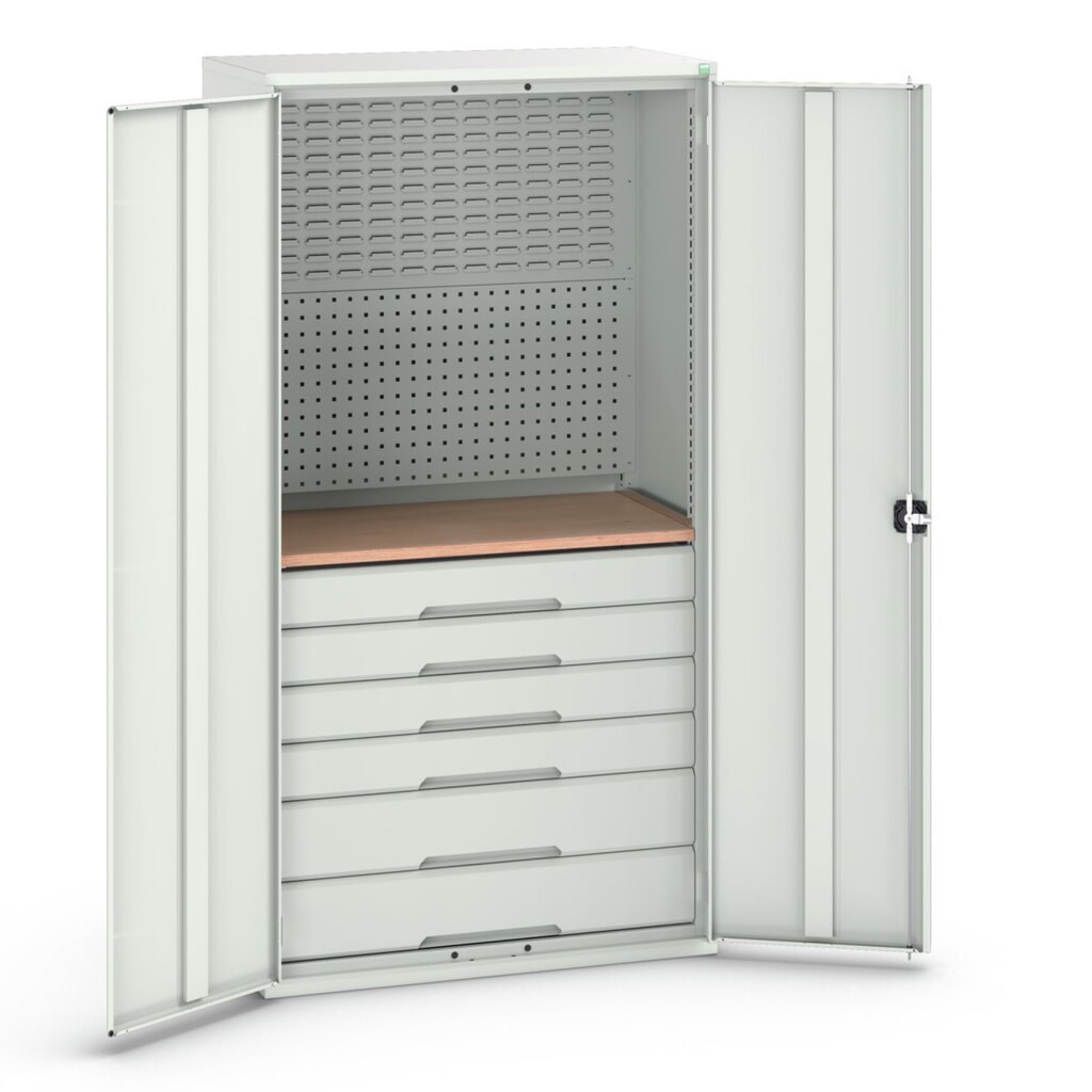bott verso Flügeltürschrank mit 6 Schubladen, mit Rückwand und Arbeitsplatte, BxTxH: 1050 x550 x 2000 mm Produktabbildung Nr. 1: bott verso Flügeltürschrank mit 6 Schubladen, mit Rückwand und Arbeitsplatte, BxTxH: 1050 x550 x 2000 mm