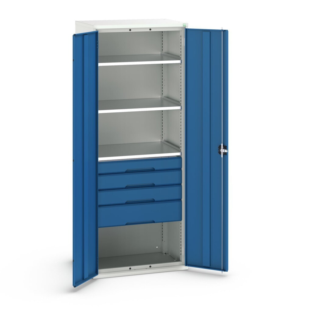 bott verso Flügeltürschrank mit Schubladen, mit 3 Fachböden und 4 Schubladen, BxTxH: 800 x 550 x 2000 mm Produktabbildung: bott verso Flügeltürschrank mit Schubladen, mit 3 Fachböden und 4 Schubladen, BxTxH: 800 x 550 x 2000 mm