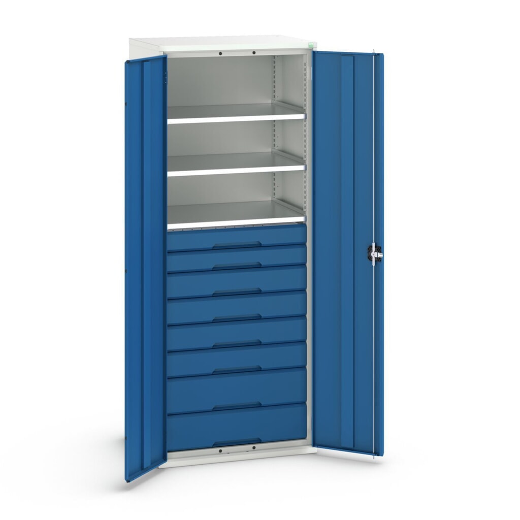 bott verso Flügeltürschrank mit Schubladen, mit 3 Fachböden und 8 Schubladen, BxTxH: 800 x 550 x 2000 mm Produktabbildung: bott verso Flügeltürschrank mit Schubladen, mit 3 Fachböden und 8 Schubladen, BxTxH: 800 x 550 x 2000 mm