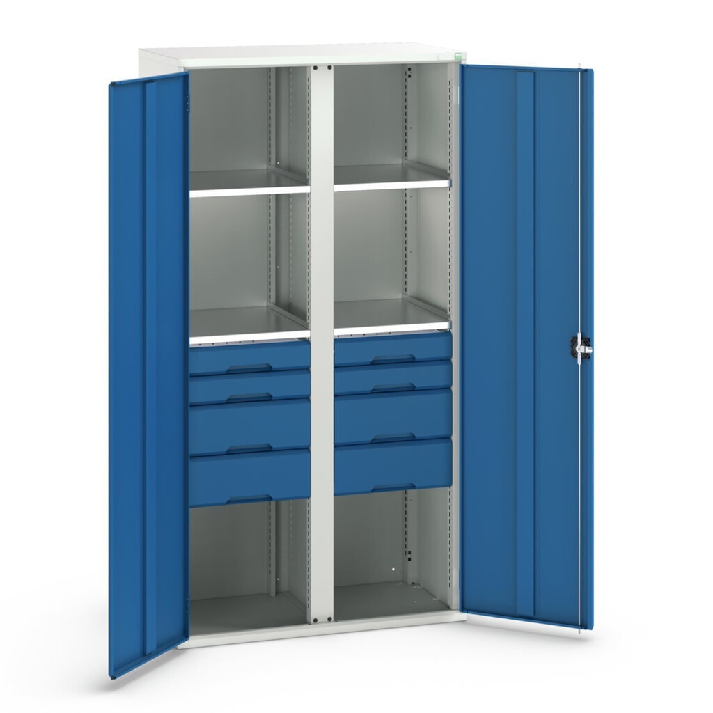 bott verso Flügeltürschrank mit Schubladen, mit 4 Fachböden und 8 Schubladen, BxTxH: 1050 x550 x 2000 mm Produktabbildung: bott verso Flügeltürschrank mit Schubladen, mit 4 Fachböden und 8 Schubladen, BxTxH: 1050 x550 x 2000 mm