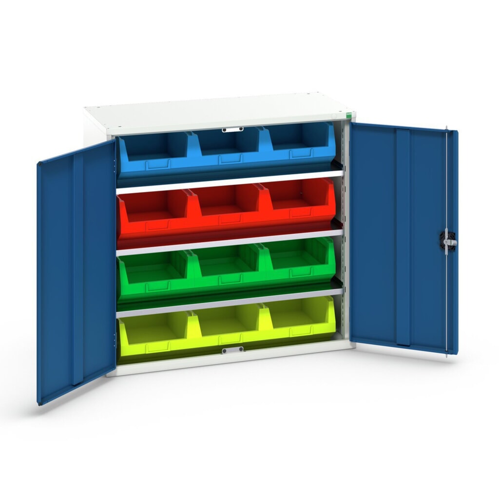 Produktabbildung: bott verso Magazinschrank, mit 3 Fachböden und 12 Sichtlagerkästen, BxTxH: 1050 x 550 x 1000 mm