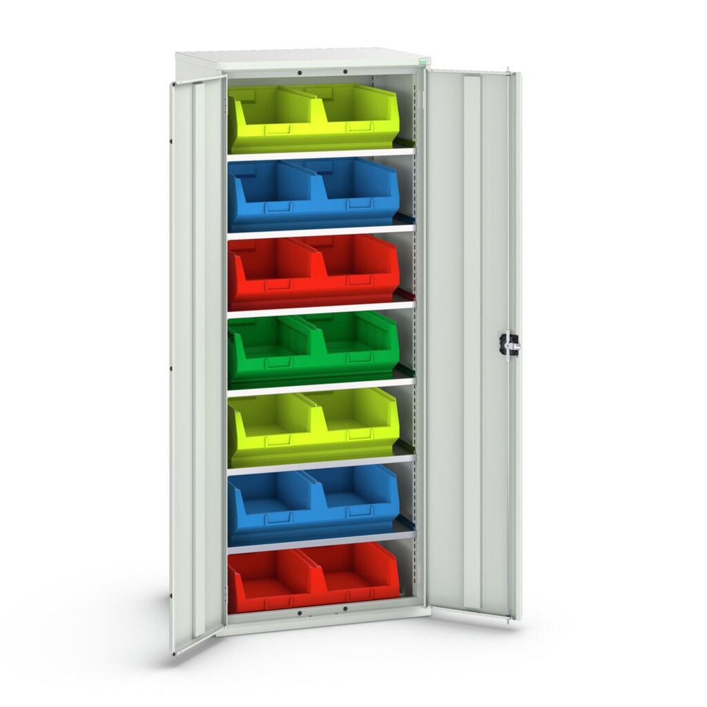 bott verso Magazinschrank, mit 6 Fachböden und 14 Sichtlagerkästen, BxTxH: 800 x 550 x 2000 mm Produktabbildung: bott verso Magazinschrank, mit 6 Fachböden und 14 Sichtlagerkästen, BxTxH: 800 x 550 x 2000 mm
