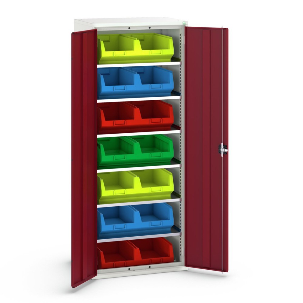 Produktabbildung: bott verso Magazinschrank, mit 6 Fachböden und 14 Sichtlagerkästen, BxTxH: 800 x 550 x 2000 mm