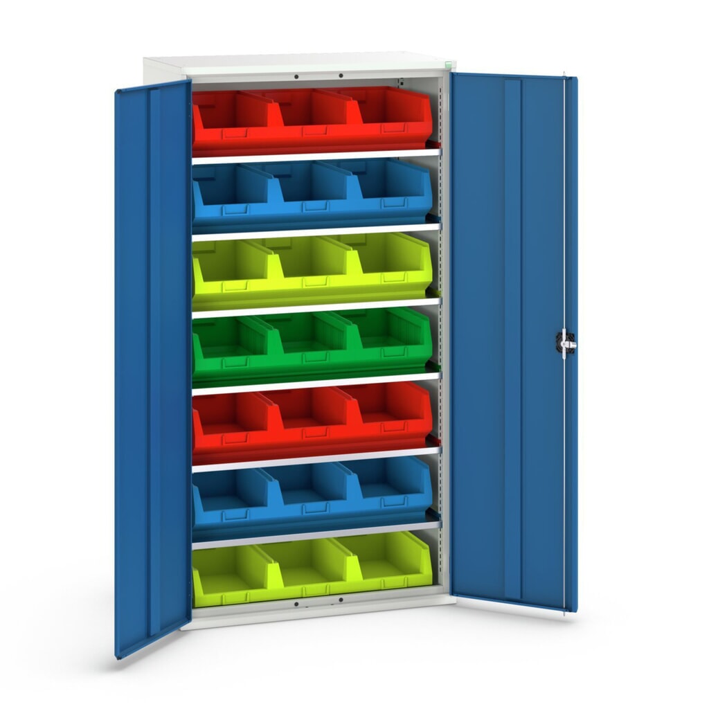 Produktabbildung: bott verso Magazinschrank, mit 6 Fachböden und 21 Sichtlagerkästen, BxTxH: 1050 x550 x 2000 mm