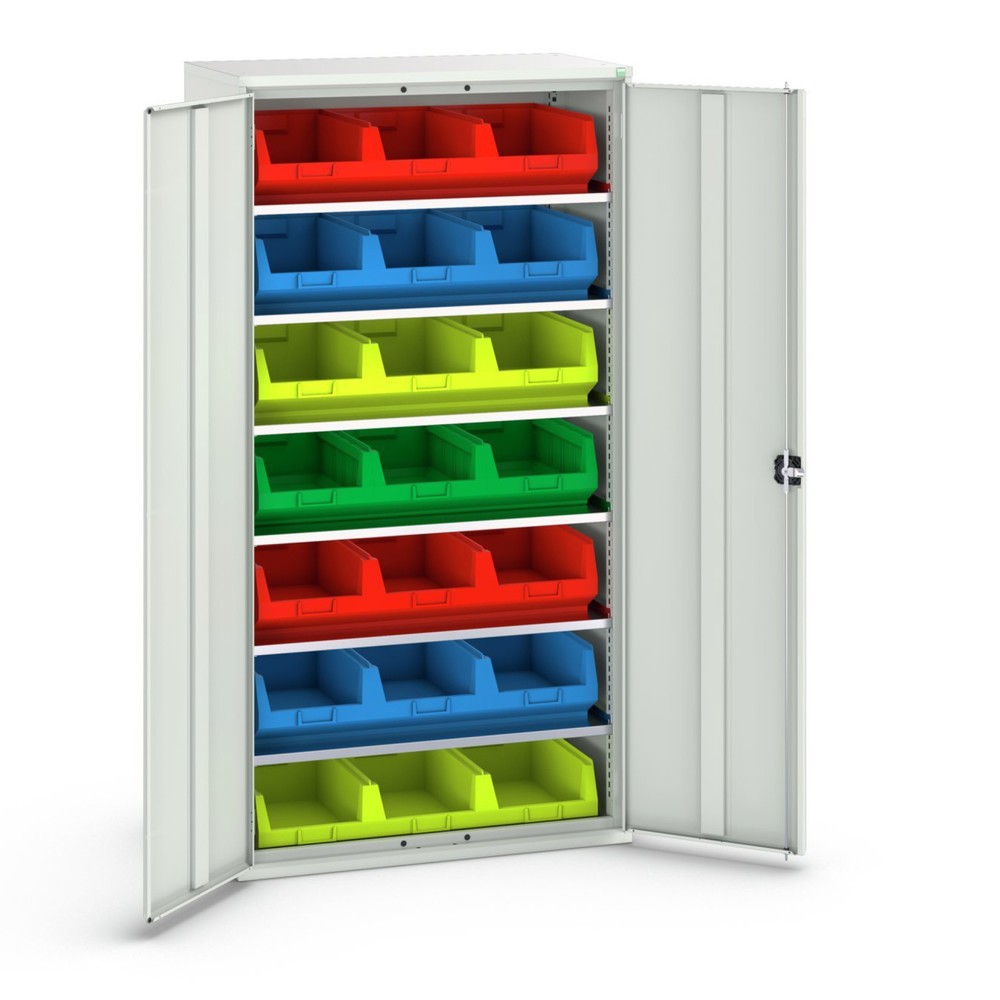 Produktabbildung: bott verso Magazinschrank, mit 6 Fachböden und 21 Sichtlagerkästen, BxTxH: 1050 x550 x 2000 mm