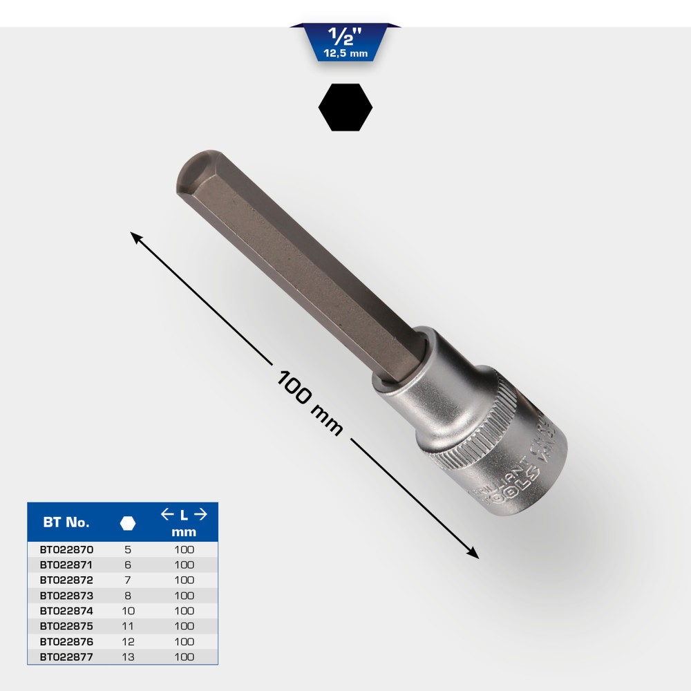 Produktabbildung Nr. 12: BRILLIANT TOOLS 1/2" Innensechskant Bit-Stecknuss, 100 mm lang, 13 mm