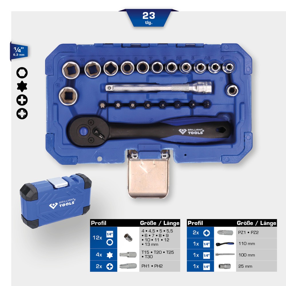 Produktabbildung Nr. 15: BRILLIANT TOOLS 1/4" Steckschlüssel-Satz, 23-tlg