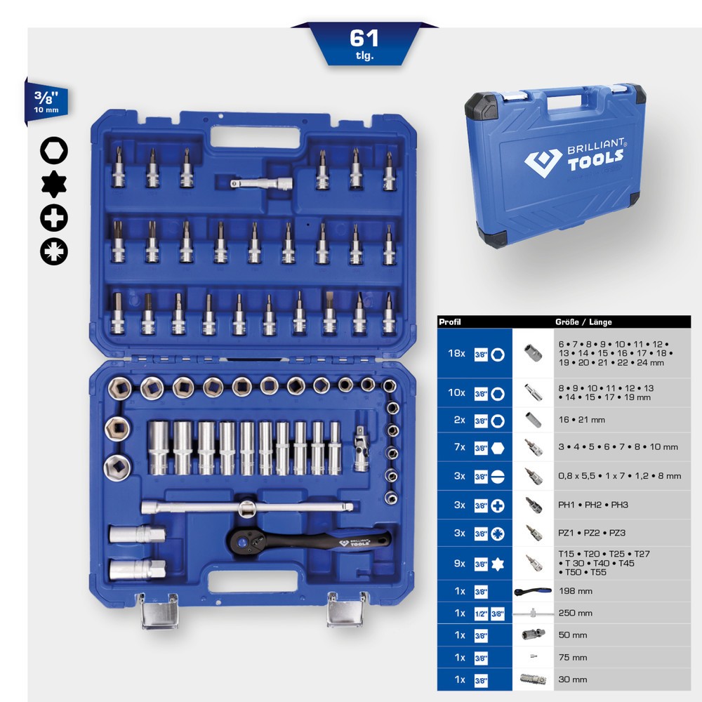 Produktabbildung Nr. 15: BRILLIANT TOOLS 3/8" Steckschlüssel-Satz, 61-tlg