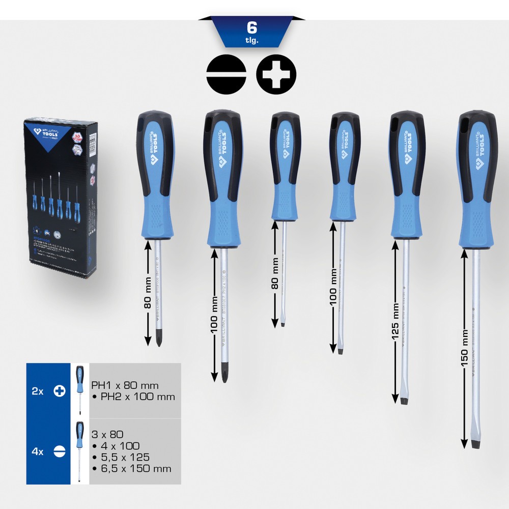 Produktabbildung Nr. 10: BRILLIANT TOOLS Schraubendreher-Satz, 6-tlg, Schlitz, PH