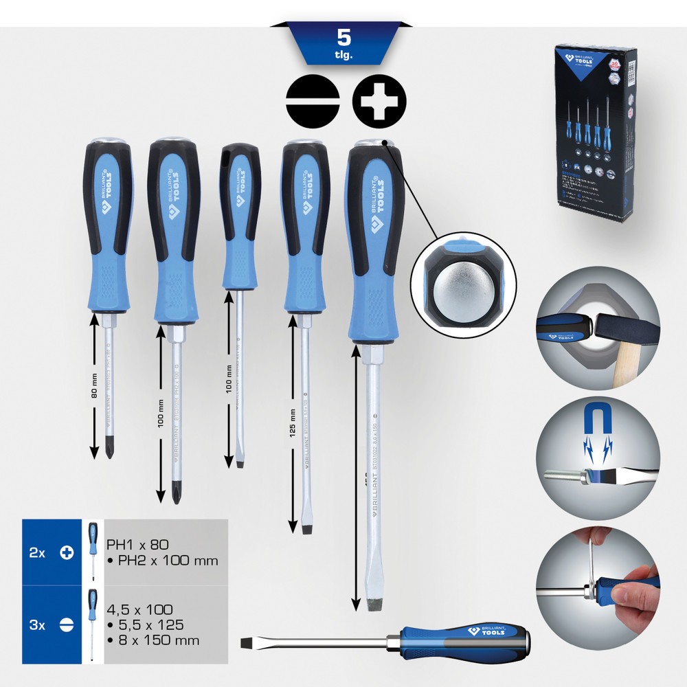 Produktabbildung Nr. 10: BRILLIANT TOOLS Schraubendreher-Satz mit Schlagkappe, 5-tlg